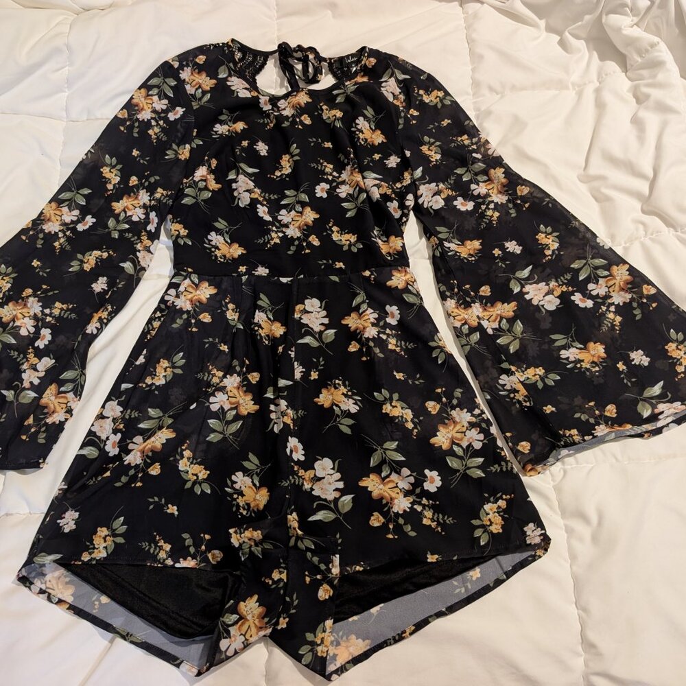 Lulus Poised And Playful Black Floral Long Sleeve Backless Romper - Size M - Picture 2 of 3